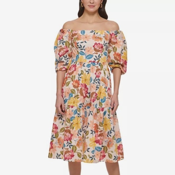 Vince Camuto Floral Off the Shoulder Stretch Cotton Dress NEW - Picture 4 of 10